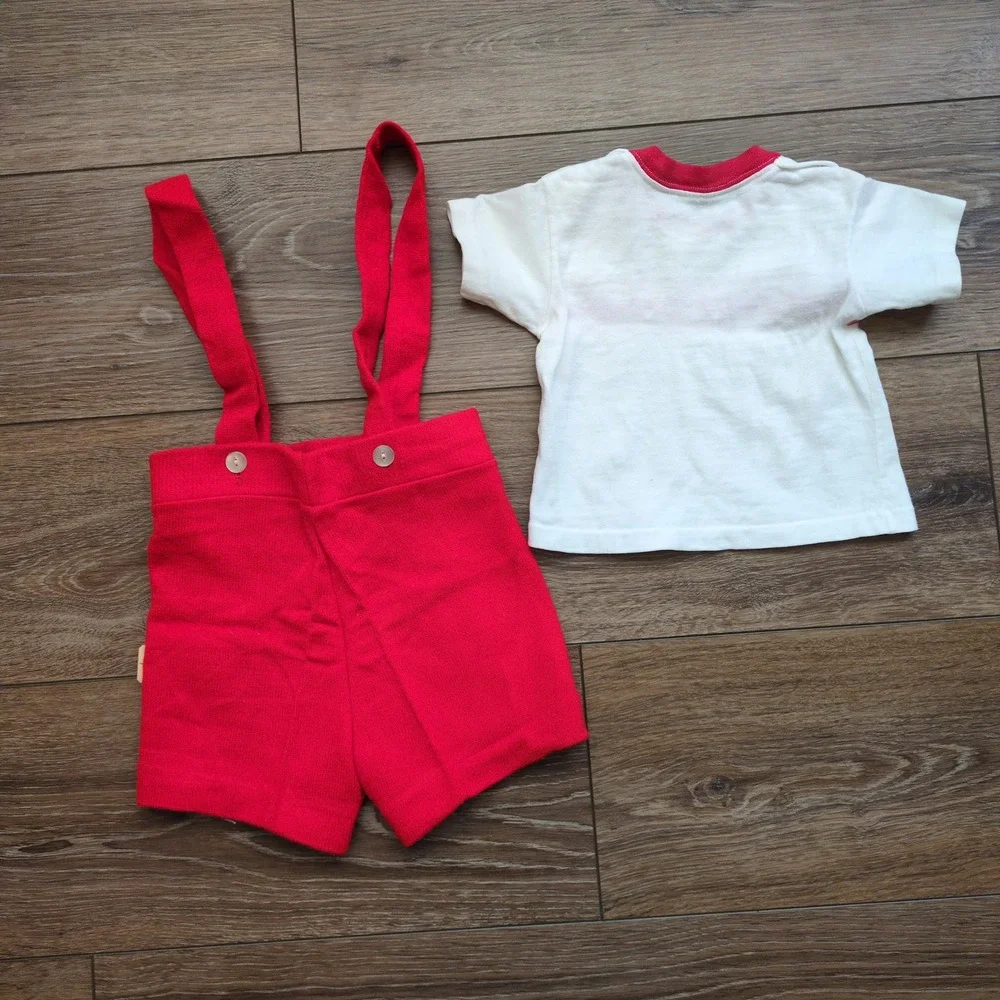 NOS Vtg 60s Red Overalls Romper + Carter's Nursery Rhyme Cat Shirt Infant Shorts
